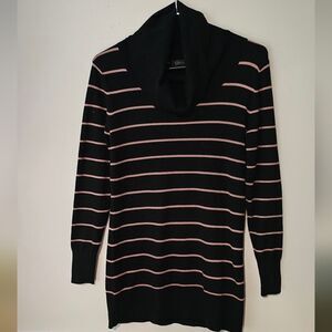 Black and Tan Cowl Neck Sweater Dress with Horizontal Stripes. Size Medium.